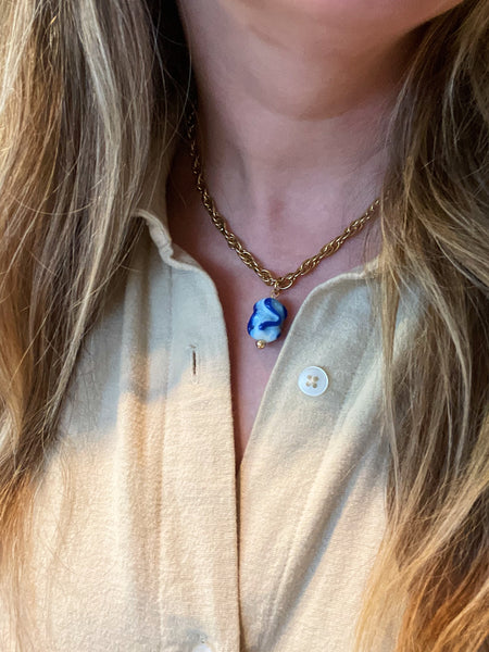 Blue Ripple Antique Bead Pendant on Vintage Chain Necklace