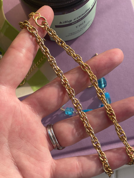 Blue Ripple Antique Bead Pendant on Vintage Chain Necklace