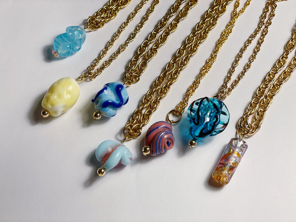 Blue Ripple Antique Bead Pendant on Vintage Chain Necklace