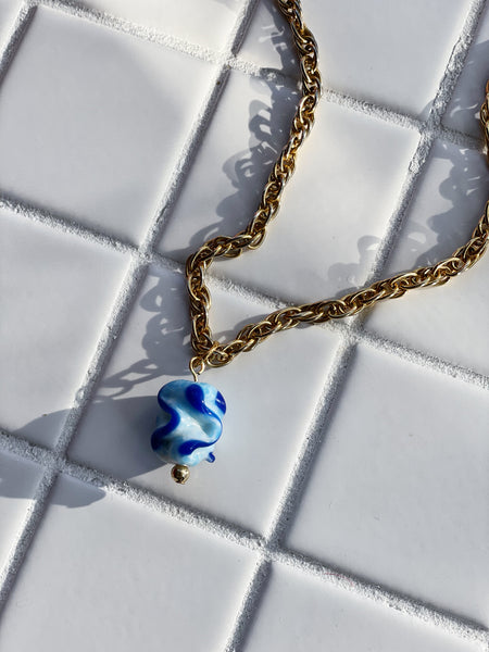 Blue Ripple Antique Bead Pendant on Vintage Chain Necklace