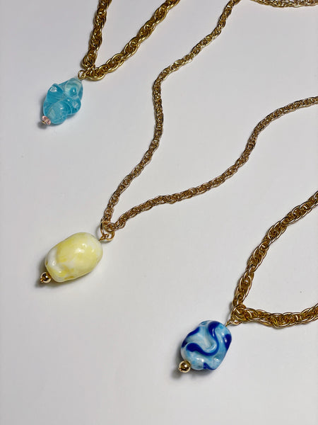 Blue Ripple Antique Bead Pendant on Vintage Chain Necklace