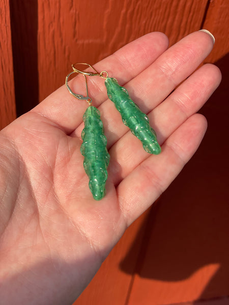 Green Pinched Glass Antique Bead Earrings