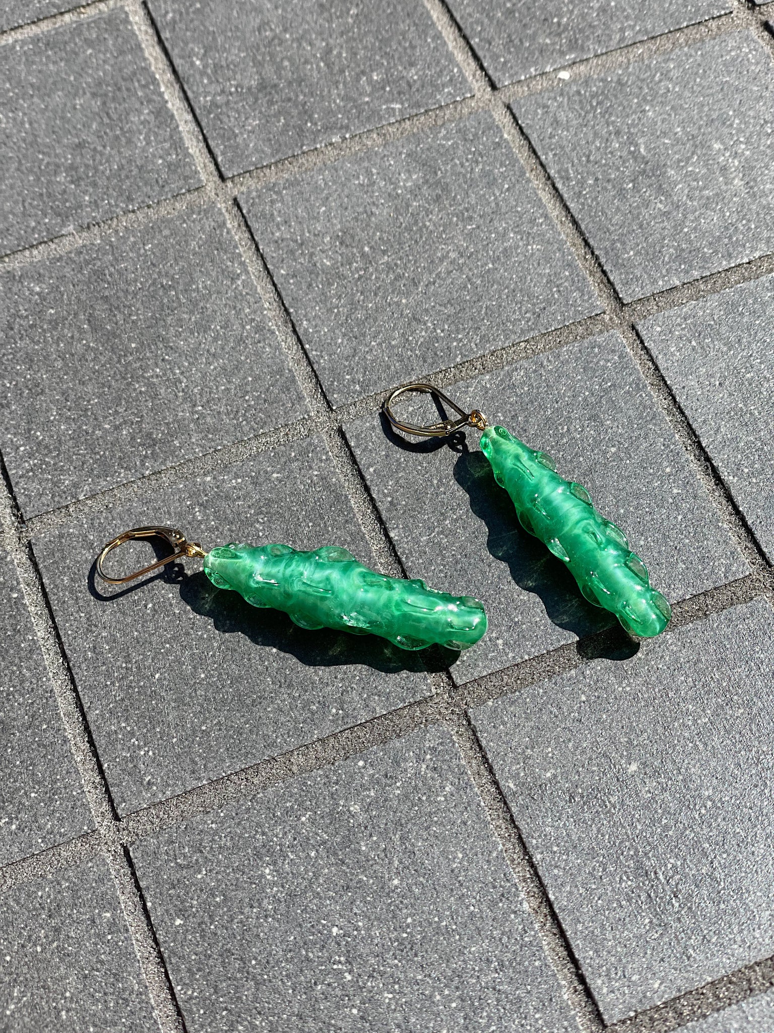 Green Pinched Glass Antique Bead Earrings