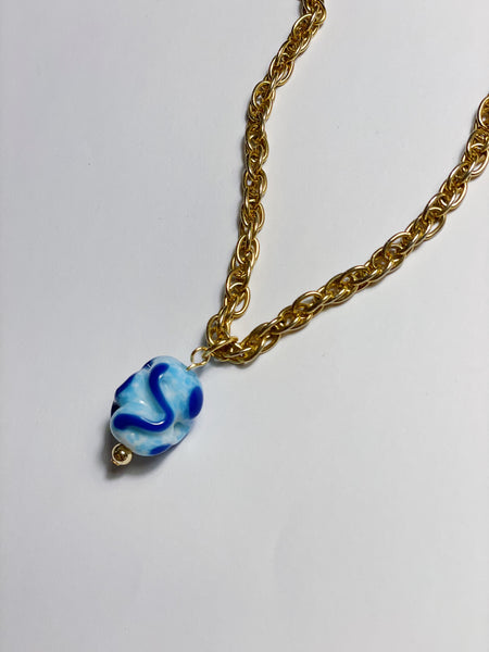 Blue Ripple Antique Bead Pendant on Vintage Chain Necklace