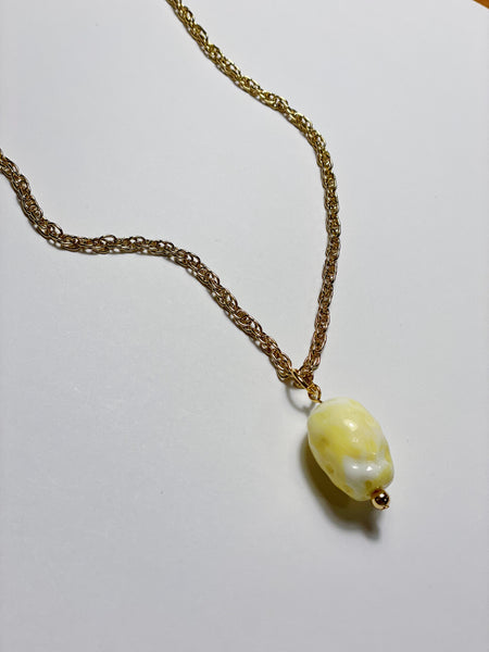 Yellow Nugget Antique Bead Pendant on Vintage Chain Necklace