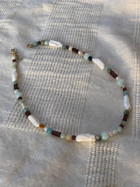 Amazonite & Opalite Gemstones, Freshwater Pearls and Glass Beaded Necklace