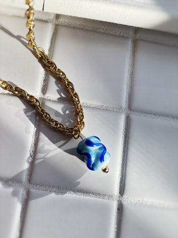 Blue Ripple Antique Bead Pendant on Vintage Chain Necklace