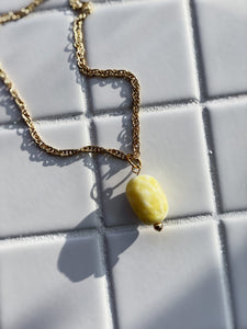 Yellow Nugget Antique Bead Pendant on Vintage Chain Necklace