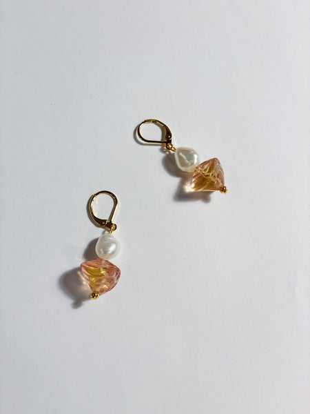 Antique Glass Shell with Pearl Earrings